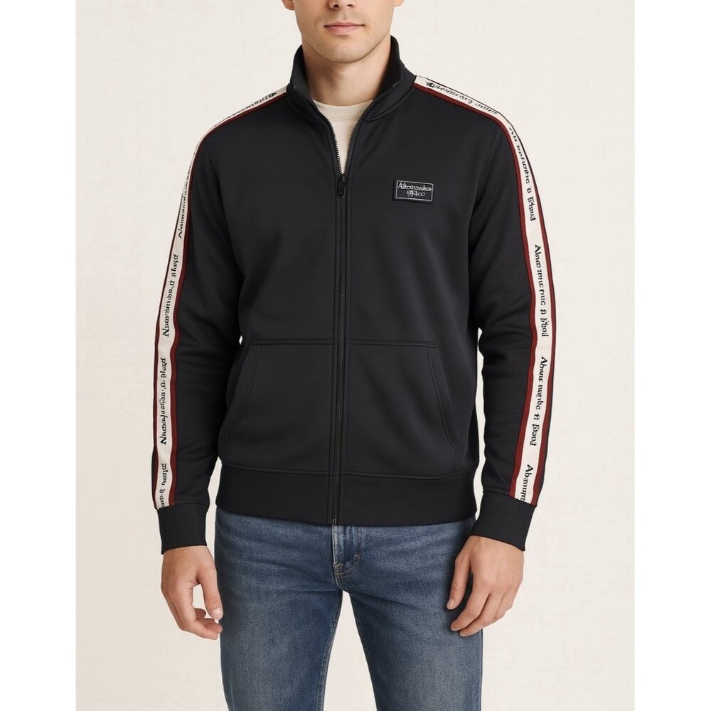 abercrombie fitch Men’s Full zip Sweater Navy Blue Logo Sleeves L Y2K